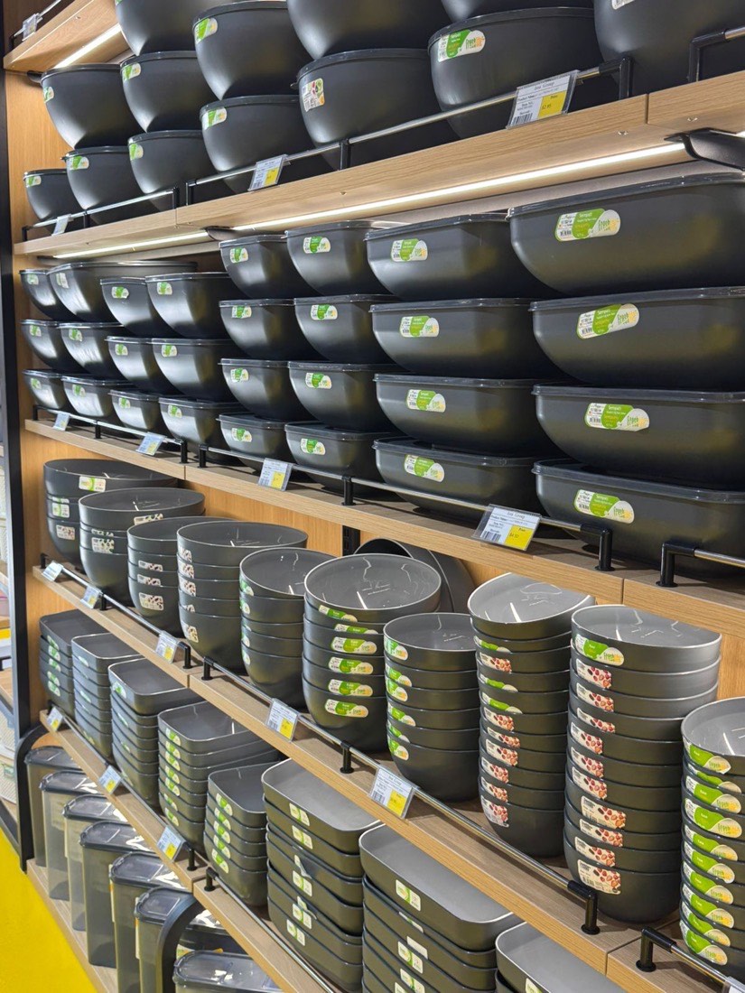 Wall of charcoal bowls and trays