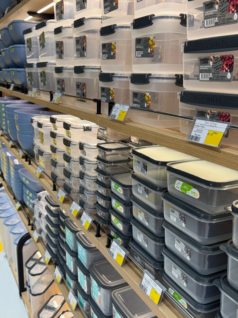Wall of clear latch storage boxes